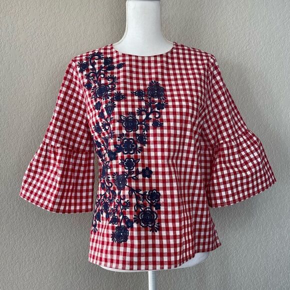 Embroidered Gingham 3/4 Sleeve Blouse - Picture 1 of 10